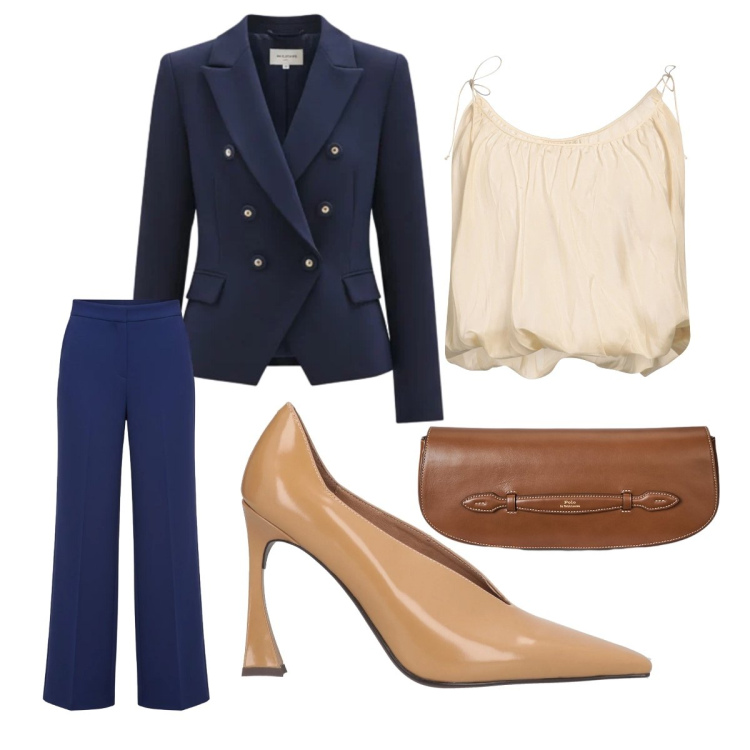 Outfit donna - Concerto di musica classica 2. Stile Chic per Serata fuori. Abbinamento con décolleté, top, blazer, pantaloni a palazzo, clutch.