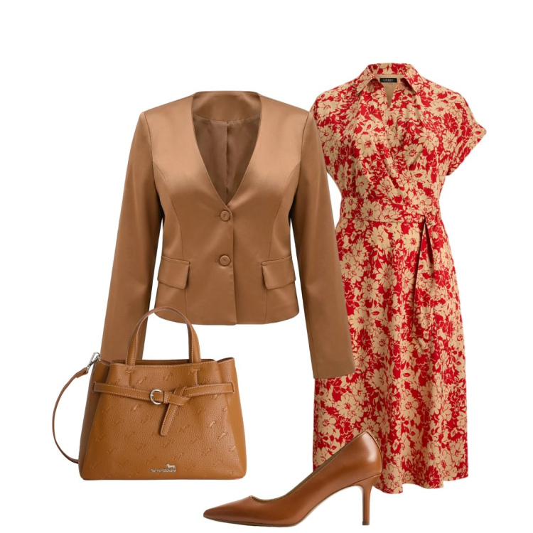 Outfit donna - Colori caldi. Stile Bon Ton per Ufficio. Abbinamento con blazer, borse a mano, vestiti chemisier, décolleté.