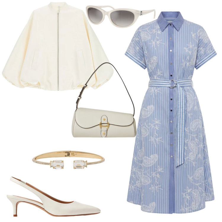 Outfit donna - Casual chic ufficio tempo libero. Stile Casual chic per Tutti i giorni. Abbinamento con vestiti chemisier, bomber, borse a spalla, décolleté, braccialetti, occhiali da sole.