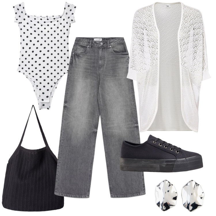 Outfit donna - Seratina di fine settembre. Abbinamento con cardigans, sneakers, orecchini, jeans, top, shopping bag.