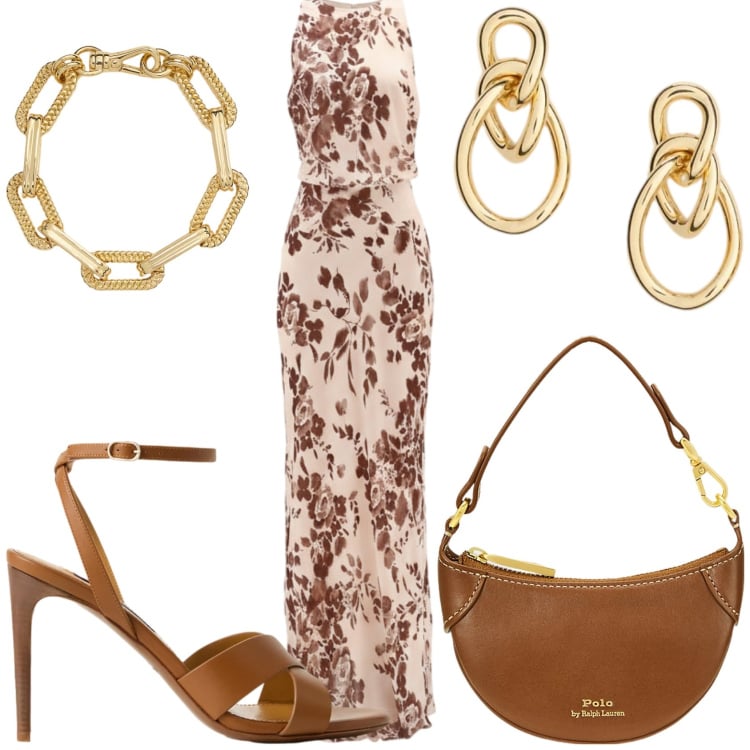 Outfit donna - Cerimonia. Stile Chic per Cerimonia. Abbinamento con vestiti lunghi, borse a tracolla, orecchini, braccialetti, sandali col tacco.