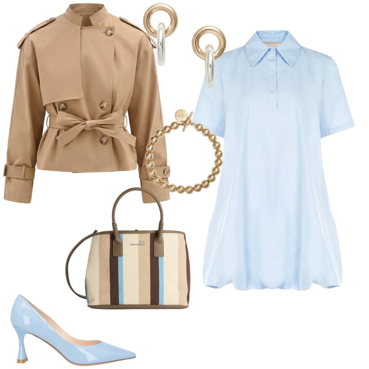 Outfit donna - Casual chic ufficio tempo libero. Stile Casual chic per Tutti i giorni. Abbinamento con décolleté, vestiti chemisier, caban, shopping bag, orecchini, braccialetti.