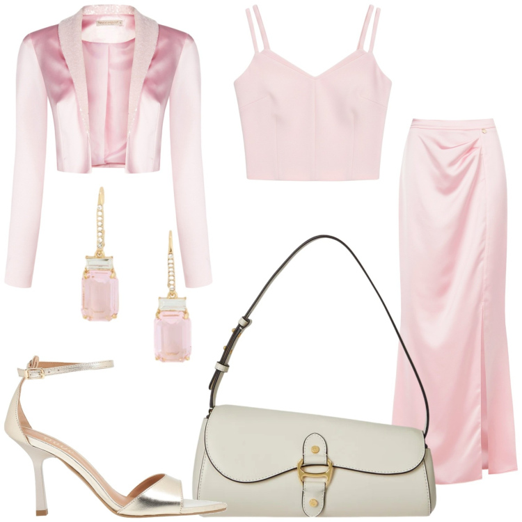 Outfit donna - Cerimonia in rosa. Stile Chic per Cerimonia. Abbinamento con sandali in pelle, gonne lunghe, top, bolero, orecchini, borse a spalla.