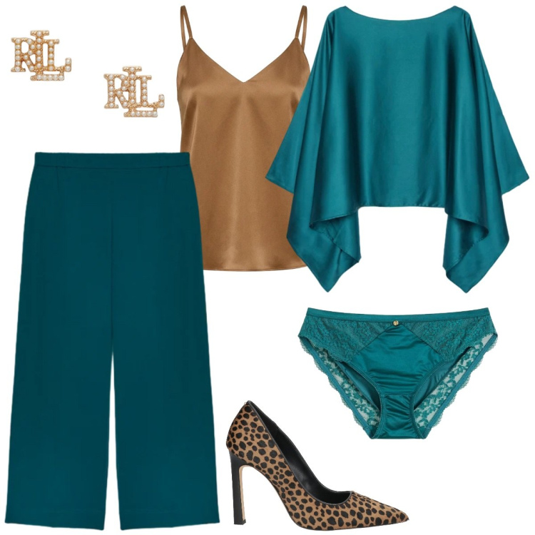 Outfit donna - Accostamenti chic. Stile Chic per Serata fuori. Abbinamento con décolleté, culotte, pantaloni, cappe, canottiere, orecchini.