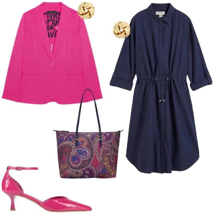 Outfit donna - Casual chic ufficio tempo libero. Stile Casual chic per Tutti i giorni. Abbinamento con décolleté, vestiti chemisier, blazer, borse tote, orecchini.