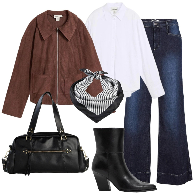 Outfit donna - Bonprix cool spring. Stile Casual chic per Tutti i giorni. Abbinamento con cappotti, camicie, jeans, foulard, stivaletti, borse a mano.