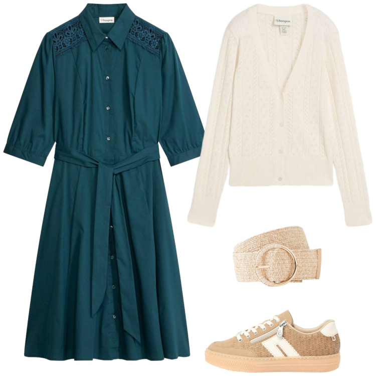 Outfit donna - Il vestito verde. Stile Casual per Tutti i giorni. Abbinamento con vestiti chemisier, cardigans, sneakers, cinture.