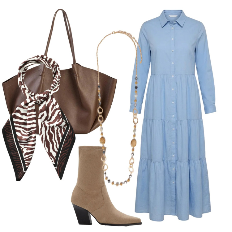 Outfit donna - Lo chemisier primaverile. Stile Boho per Tutti i giorni. Abbinamento con stivaletti, shopping bag, vestiti chemisier, foulard, collane.