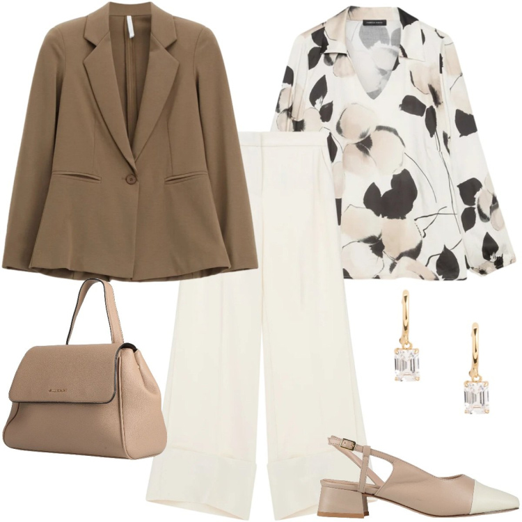 Outfit donna - Primavera In ufficio. Stile Casual per Ufficio. Abbinamento con décolleté, zaini, bluse, blazer, pantaloni a palazzo, orecchini.