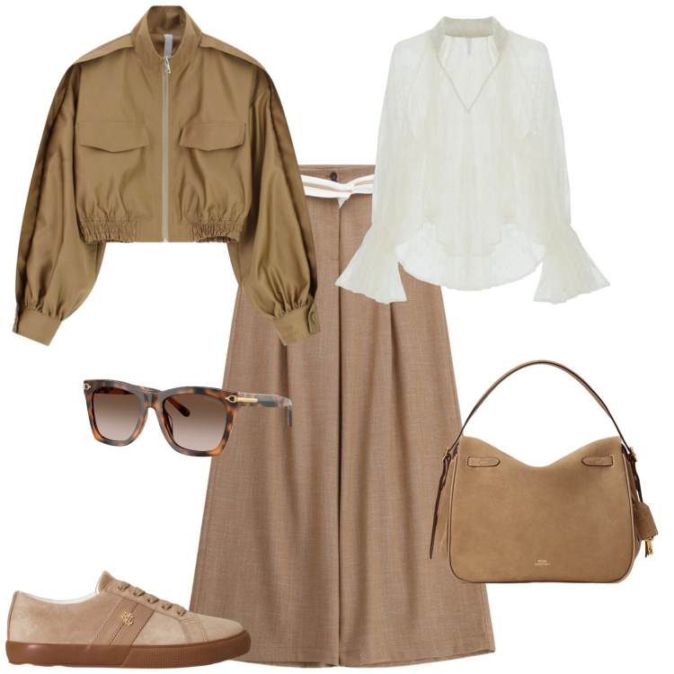 Outfit donna - Casual chic ufficio tempo libero. Stile Casual chic per Tutti i giorni. Abbinamento con pantaloni a palazzo, bluse, bomber, occhiali da sole, sneakers, borse a mano.
