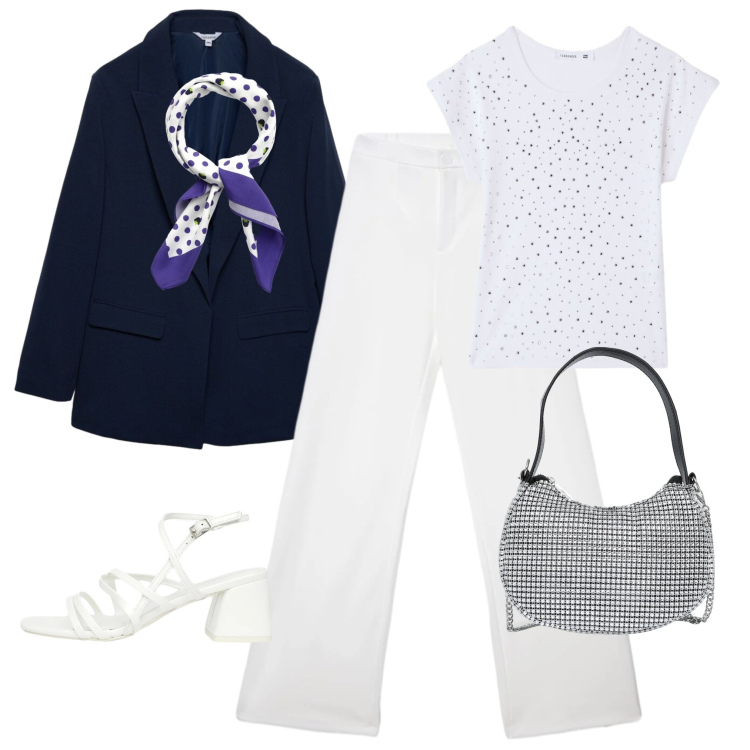 Outfit donna - Pomeriggio primaverile. Stile Casual chic per Mare. Abbinamento con pantaloni, blazer, t-shirt, foulard, borse a spalla, sandali col tacco.
