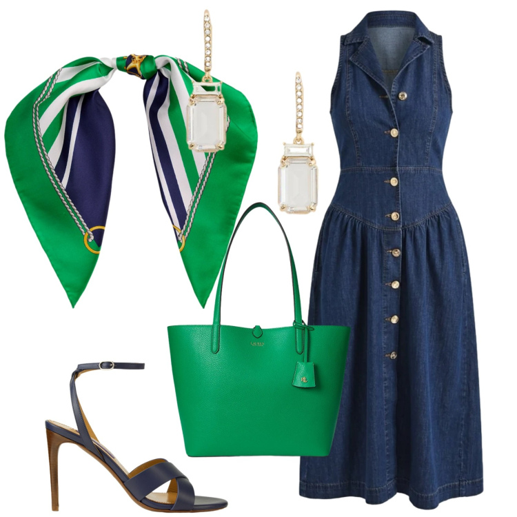 Outfit donna - Lo chemisier primaverile. Stile Chic per Tutti i giorni. Abbinamento con vestiti chemisier, sandali col tacco, foulard, orecchini, borse tote.
