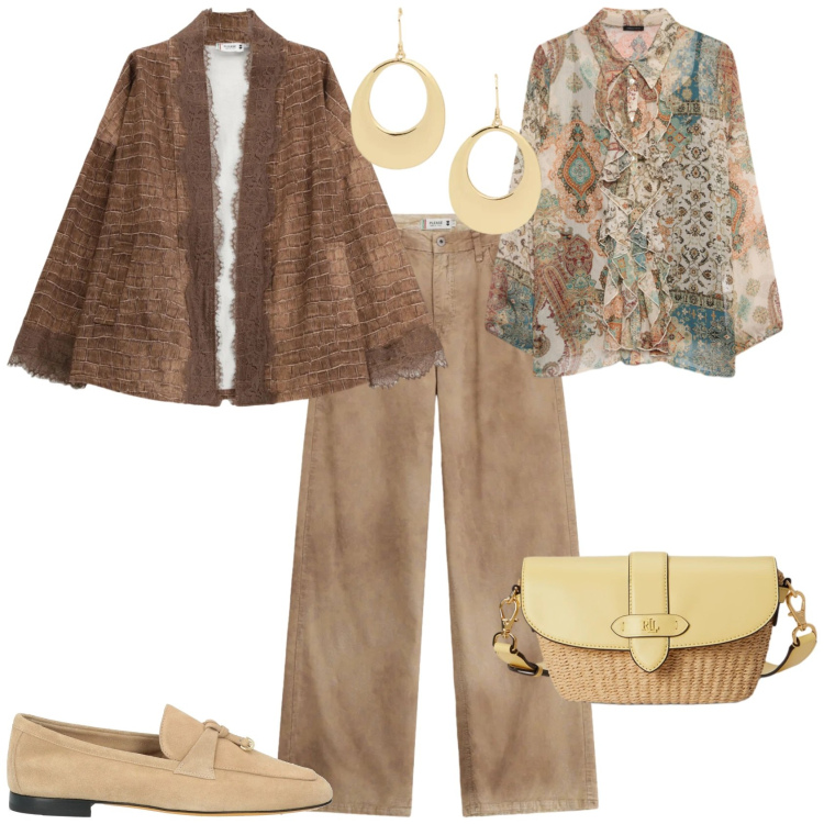 Outfit donna - Casual chic ufficio tempo libero. Stile Casual chic per Tutti i giorni. Abbinamento con mocassini, camicie, cappotti, pantaloni a palazzo, borse a tracolla, orecchini.