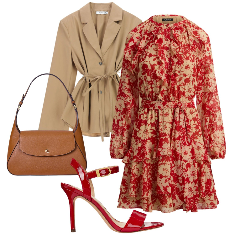Outfit donna - Lo chemisier primaverile. Stile Chic per Cerimonia. Abbinamento con blazer, vestiti chemisier, sandali col tacco, borse a spalla.