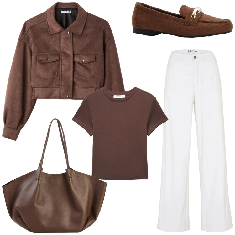Outfit donna - Come indossare i jeans bianchi in primav. Stile Casual chic per Tutti i giorni. Abbinamento con jeans, mocassini, shopping bag, t-shirt, bomber.