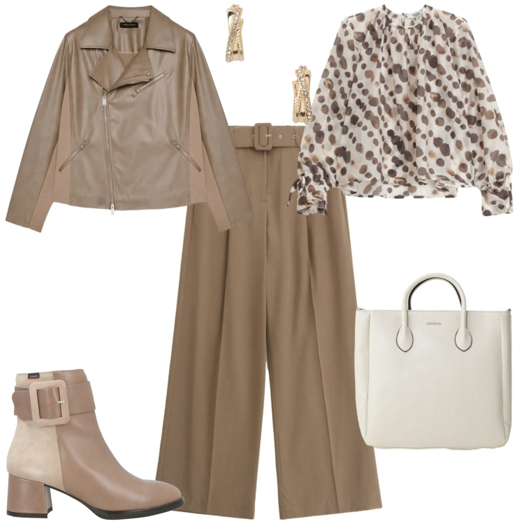 Outfit donna - Casual chic ufficio tempo libero. Stile Casual chic per Tutti i giorni. Abbinamento con stivaletti, borse a tracolla, blazer, bluse, pantaloni a palazzo, orecchini.
