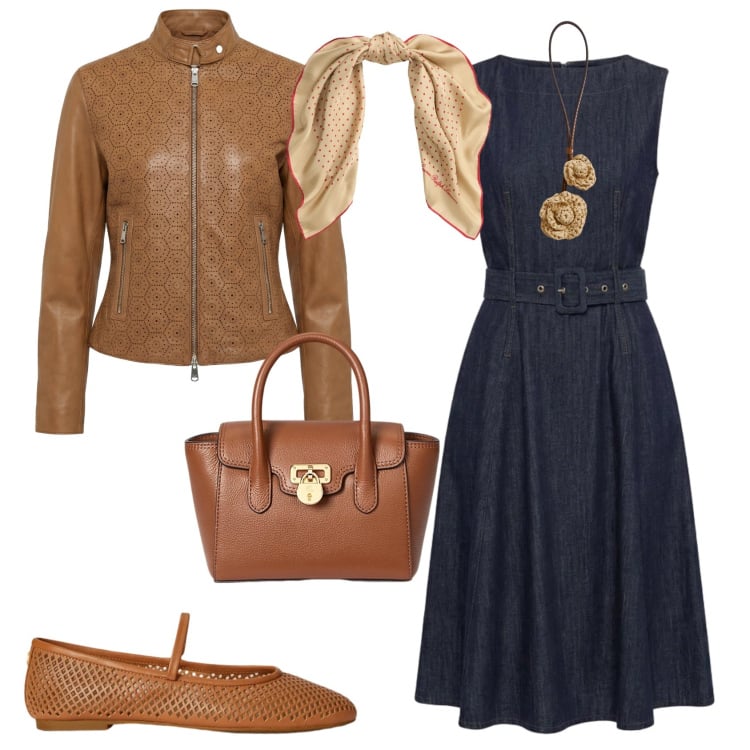 Outfit donna - Casual chic ufficio tempo libero. Stile Casual chic per Tutti i giorni. Abbinamento con vestiti, giacche, ciondoli, borse a mano, foulard, ballerine.