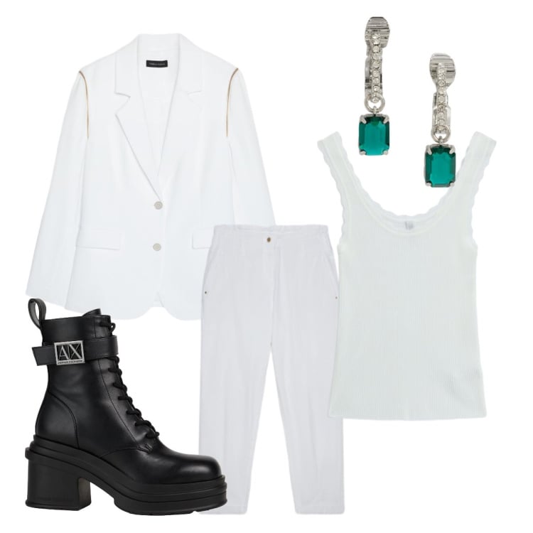 Outfit donna - Il bianco primavera. Stile Minimal per Tutti i giorni. Abbinamento con stivaletti, canottiere, pantaloni, blazer, orecchini.