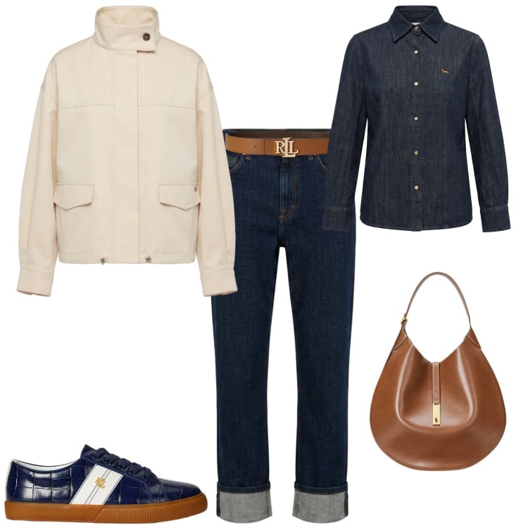 Outfit donna - Sporty chic ufficio tempo libero. Stile Casual chic per Tutti i giorni. Abbinamento con camicie, bomber, jeans dritti, cinture, borse a spalla, sneakers.