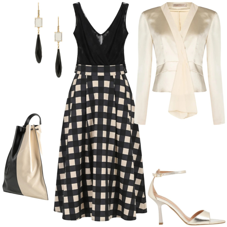 Outfit donna - Per ogni occasione speciale. Stile Chic per Serata fuori. Abbinamento con sandali in pelle, zaini, top, gonne longuette, blazer, orecchini.
