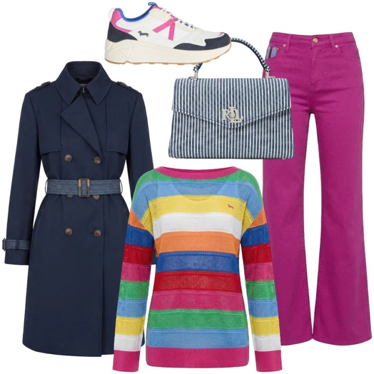 Outfit donna - A tutto colore. Stile Casual chic per Tutti i giorni. Abbinamento con pantaloni, sneakers, trench, maglieria, borse a mano.