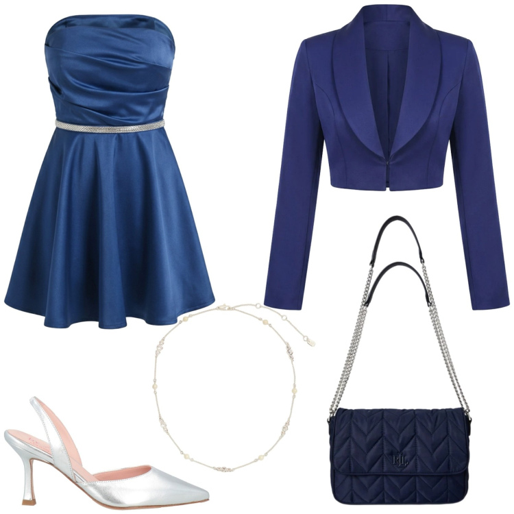 Outfit donna - Cerimonia in blu. Stile Chic per Cerimonia. Abbinamento con décolleté, vestiti corti, bolero, borse a tracolla, collane.