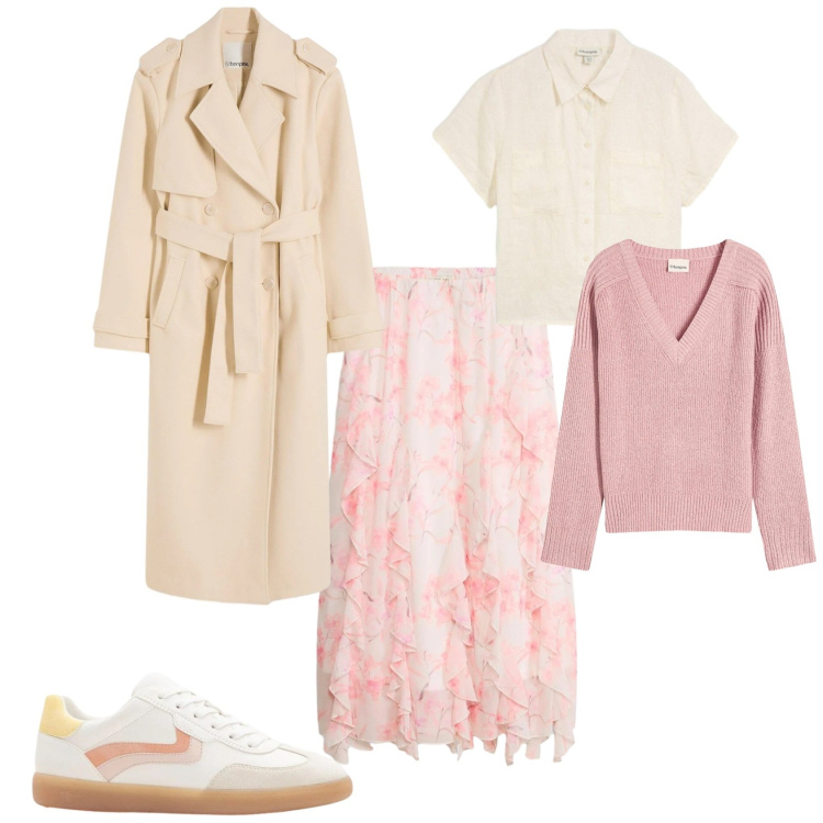 Outfit donna - Casual chic ufficio tempo libero. Stile Casual chic per Tutti i giorni. Abbinamento con trench, maglieria, sneakers, gonne lunghe, camicie a manica corta.