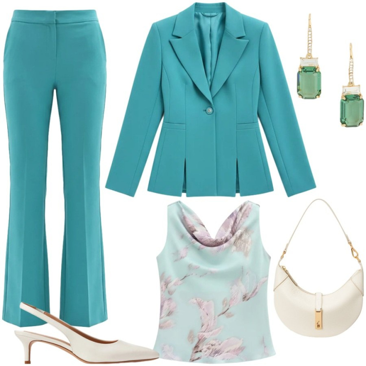 Outfit donna - Il tailleur che vorrei. Stile Chic per Cerimonia. Abbinamento con blazer, pantaloni a palazzo, top, borse a spalla, décolleté, orecchini.