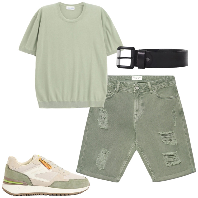 Outfit uomo - Aprile. Stile Casual per Tutti i giorni. Abbinamento con sneakers, bermuda, cinture, t-shirt.