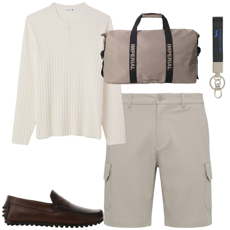 Outfit uomo - City. Stile Casual per Tutti i giorni. Abbinamento con maglieria, pantaloni corti, scarpe stringate, borse sportive, portachiavi.