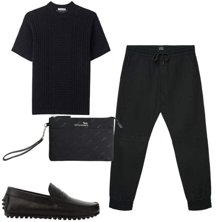 Outfit uomo - Black. Stile Casual per Tutti i giorni. Abbinamento con borse sportive, scarpe stringate, pantaloni corti, t-shirt.