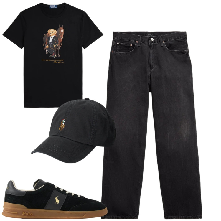 Outfit uomo - Black. Stile Casual per Tutti i giorni. Abbinamento con cappelli, jeans, sneakers, t-shirt.