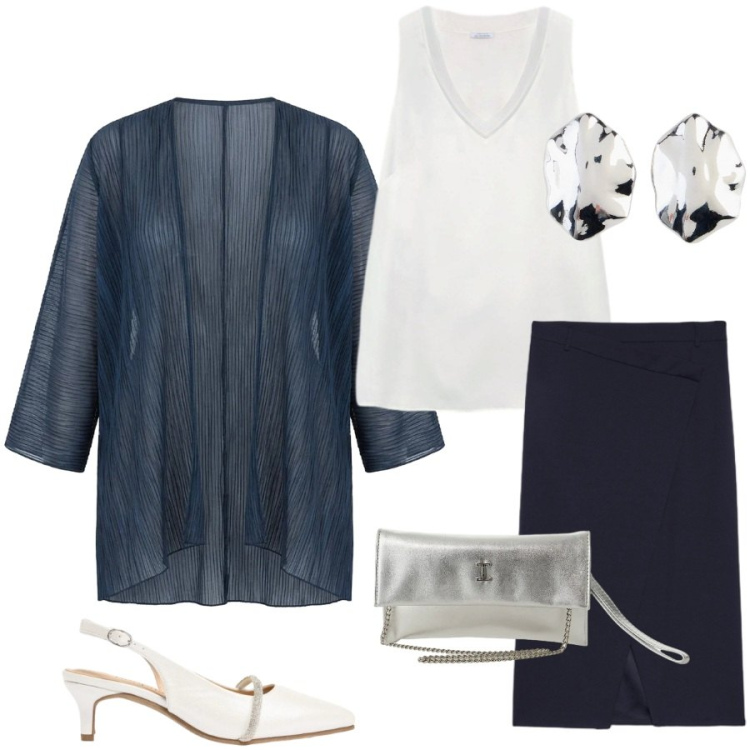 Outfit donna - Eleganza di stagione. Stile Chic per Cerimonia. Abbinamento con décolleté, orecchini, borse a tracolla, gonne longuette, top, blazer.