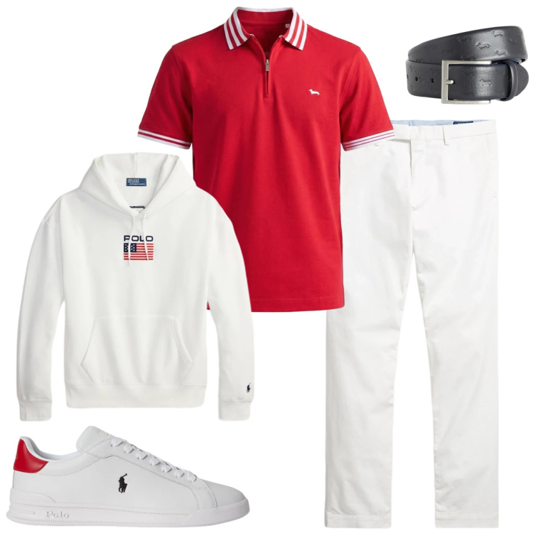 Outfit uomo - Aprile. Stile Urban per Tutti i giorni. Abbinamento con cinture, polo, pantaloni chino, felpe con cappuccio, sneakers.