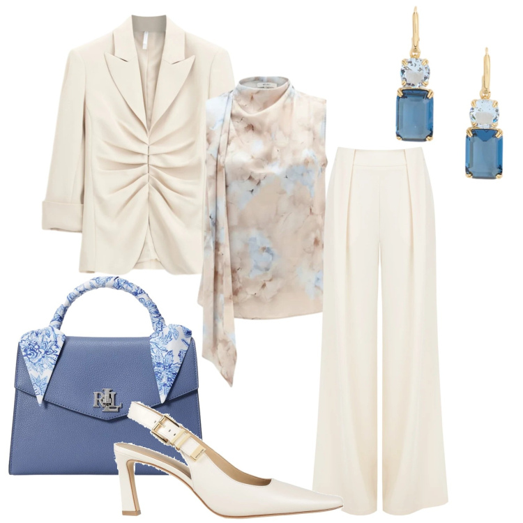 Outfit donna - Cerimonia ad aprile. Stile Chic per Cerimonia. Abbinamento con décolleté, blazer, canottiere, pantaloni a palazzo, orecchini, borse a mano.