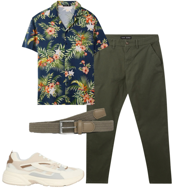 Outfit uomo - Floreale. Stile Casual per Tutti i giorni. Abbinamento con pantaloni chino, camicie a manica corta, cinture, sneakers.