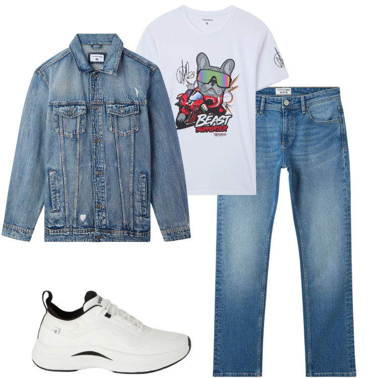 Outfit uomo - Denim time. Stile Casual per Tutti i giorni. Abbinamento con jeans, giacche, t-shirt, sneakers.