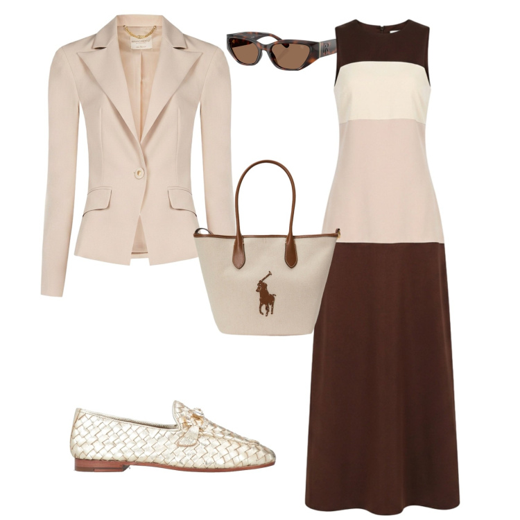 Outfit donna - Chic ufficio tempo libero. Stile Chic per Tutti i giorni. Abbinamento con mocassini, vestiti lunghi, blazer, occhiali da sole, borse tote.