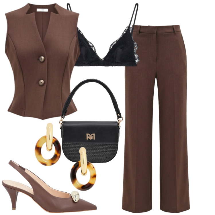 Outfit donna - Cacao. Stile Trendy per Tutti i giorni. Abbinamento con décolleté, reggiseni, borse a spalla, gilet, pantaloni, orecchini.