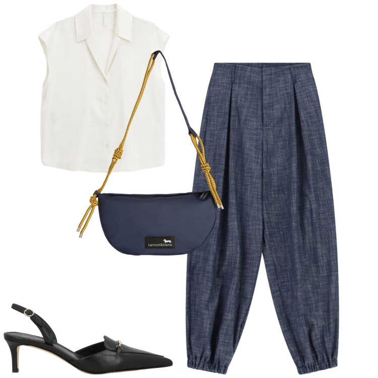 Outfit donna - Aprile. Stile Casual chic per Tutti i giorni. Abbinamento con décolleté, camicie, pantaloni, borse a tracolla.