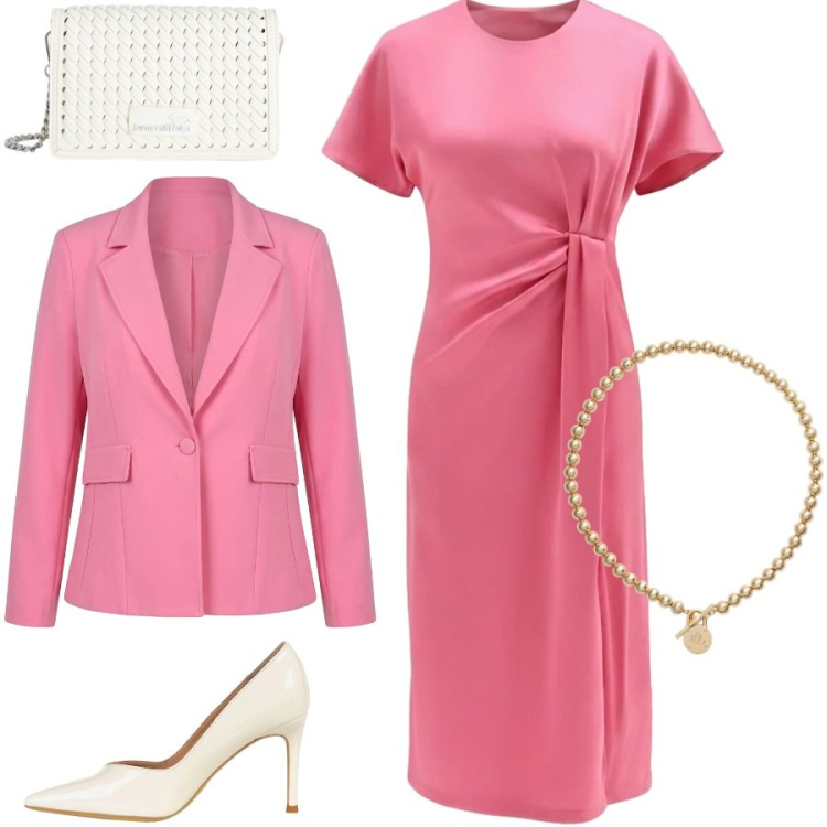 Outfit donna - Rosa da cerimonia. Stile Chic per Cerimonia. Abbinamento con vestiti midi/longuette, blazer, décolleté, borse a tracolla, collane.
