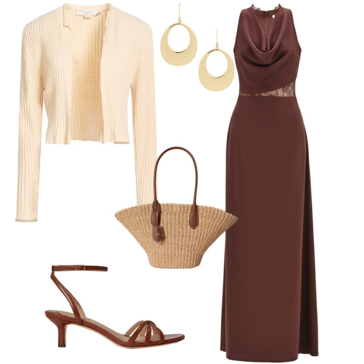 Outfit donna - Chic cerimonia serata evento. Stile Chic per Cerimonia. Abbinamento con cardigans, vestiti lunghi, borse tote, sandali in pelle, orecchini.