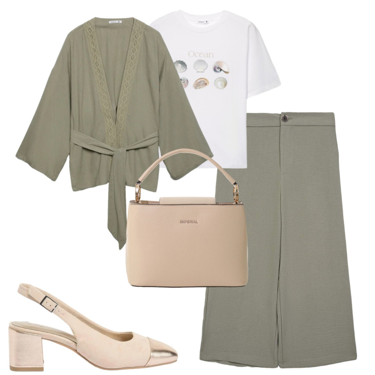 Outfit donna - Verde salvia. Stile Casual chic per Tutti i giorni. Abbinamento con décolleté, pantaloni a palazzo, kimono, t-shirt, borse a secchiello.