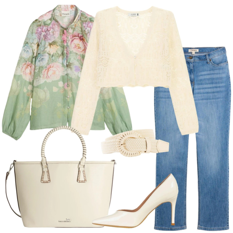 Outfit donna - Fioriture. per Serata fuori. Abbinamento con jeans dritti, bluse, cinture, shopping bag, cardigans, décolleté.
