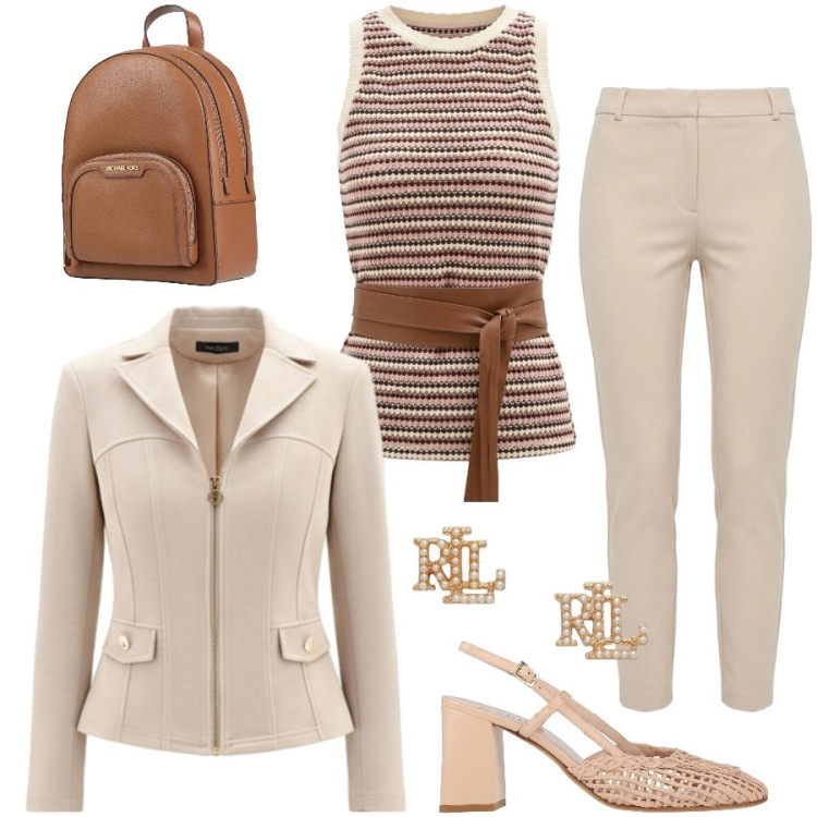 Outfit donna - Tailleur Rinascimento. Stile Casual chic per Tutti i giorni. Abbinamento con décolleté, zaini, blazer, canottiere, pantaloni skinny, orecchini.