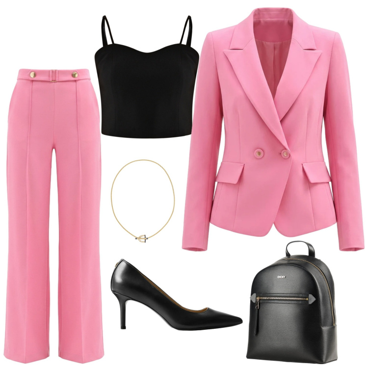 Outfit donna - Laurea in rosa. Stile Bon Ton per Cerimonia. Abbinamento con zaini, blazer, pantaloni a palazzo, top, décolleté, ciondoli.