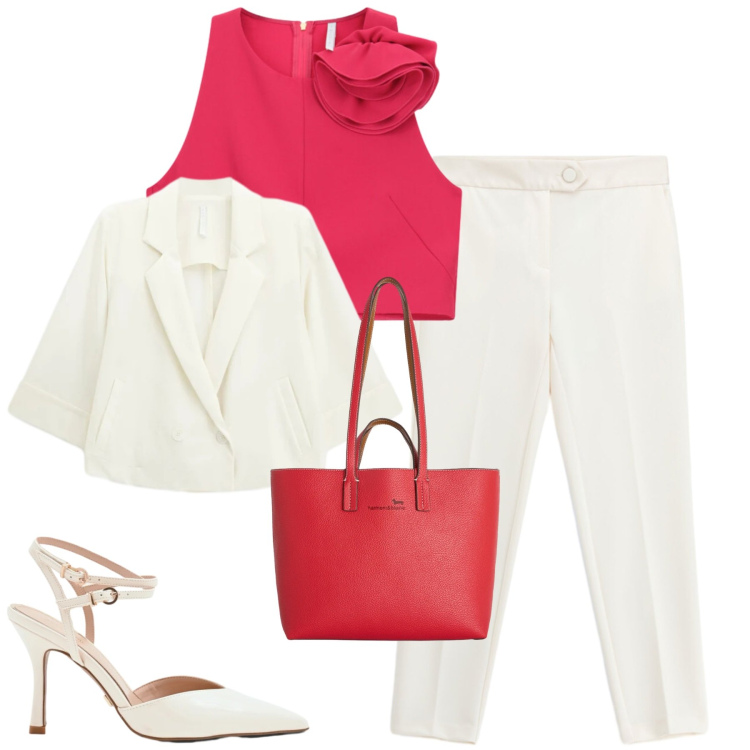 Outfit donna - City. Stile Urban per Tutti i giorni. Abbinamento con top, blazer, pantaloni, décolleté, shopping bag.