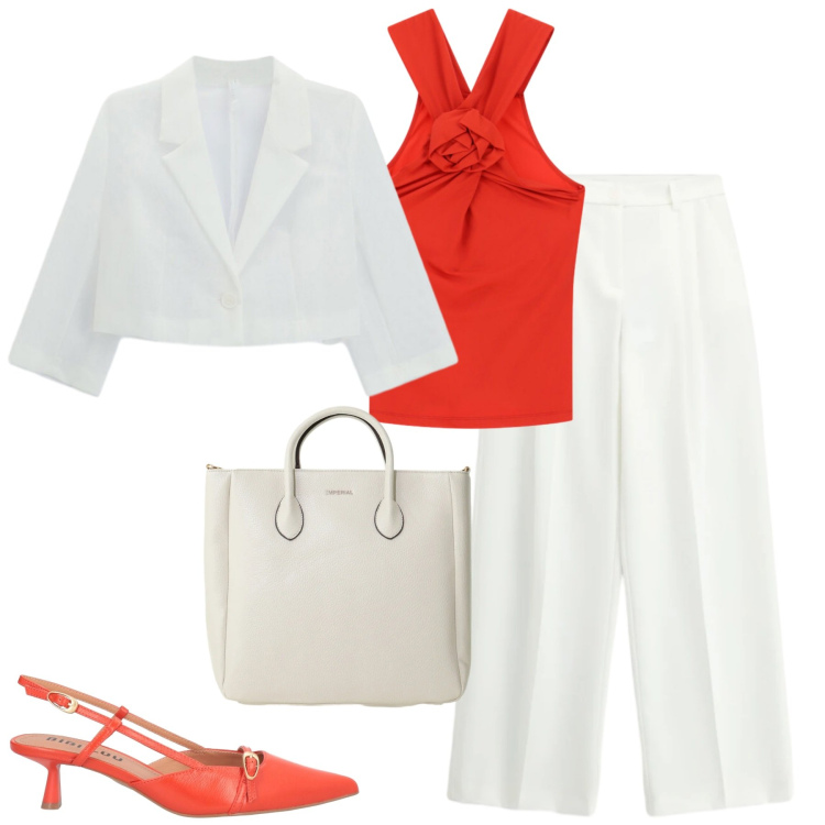 Outfit donna - City. Stile Trendy per Tutti i giorni. Abbinamento con décolleté, canottiere, pantaloni a palazzo, blazer, borse a tracolla.