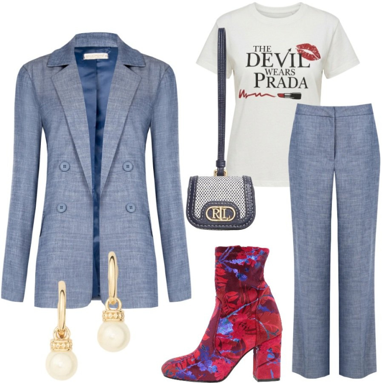 Outfit donna - Tailleur Rinascimento. Stile Trendy per Tutti i giorni. Abbinamento con stivaletti, t-shirt, pantaloni, blazer, pochette, orecchini.