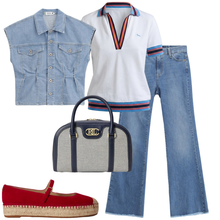 Outfit donna - City. Stile Casual chic per Tutti i giorni. Abbinamento con gilet, jeans, polo, espadrillas, borse a mano.